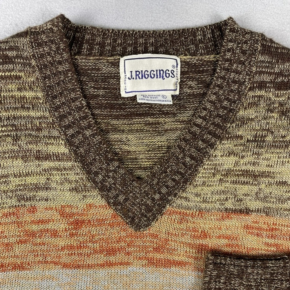 J. Riggins Vintage Sweater Womens L Brown Striped V-Neck Wool Blend Long Sleeve - Picture 2 of 9